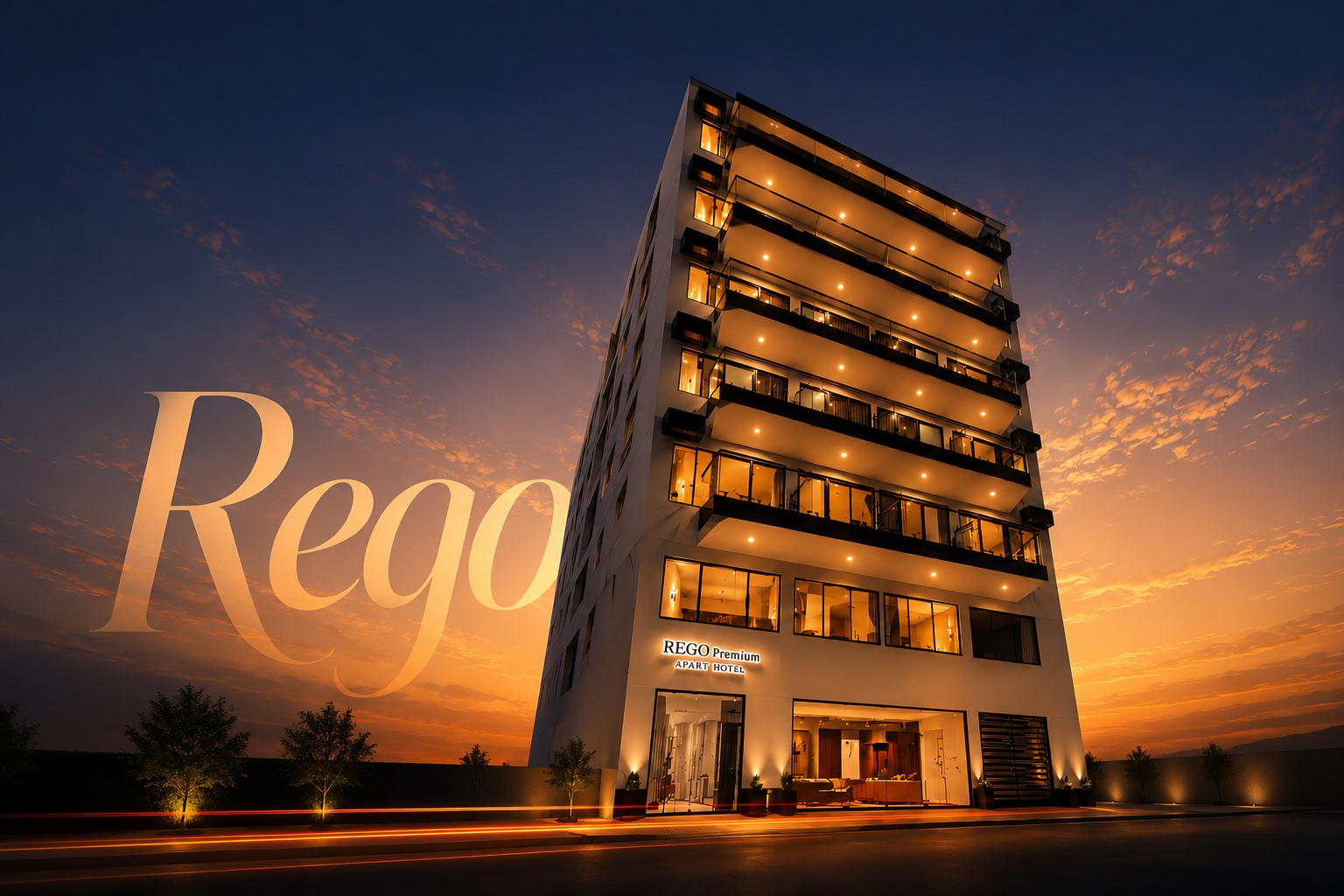 Fachada de REGO Premium Apart Hotel iluminada al atardecer